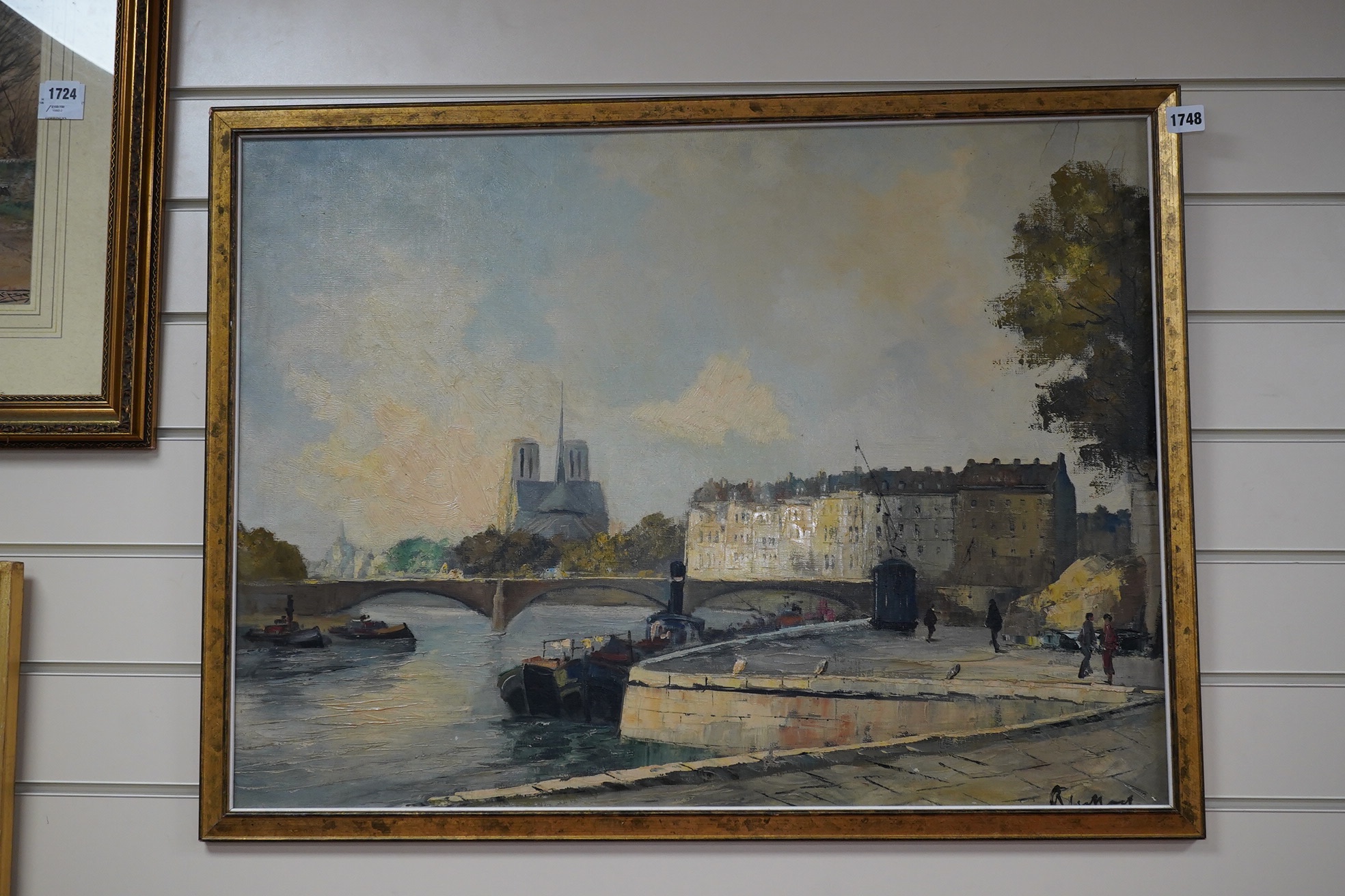 Modern British, oil on canvas board, Riverscape with barges, indistinctly signed lower right, 56 x 75cm. Condition - good, would benefit from a clean